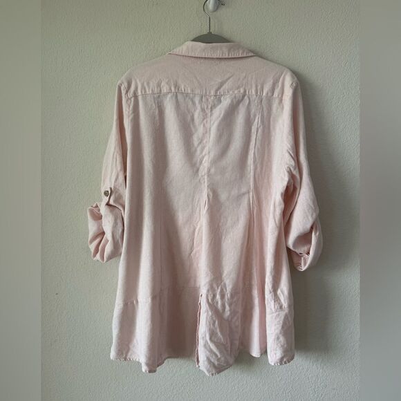 Simply Noelle Button Front Shirt Sz XXL Baby Pink Linen Blend Roll Tab Sleeve - Picture 6 of 7
